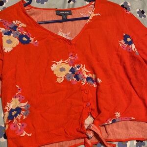 ModCloth Orange Floral Crop Tie Top
